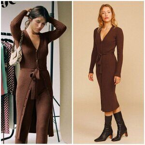 💕ROUJE💕 Marielle Merino Wool Ribbed Button Front Duster Midi Dress ~ Brown 34